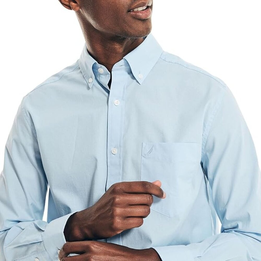 Nautica Men's Wrinkle Resistant Long Sleeve Button Front Shirt (M NoonBlue)